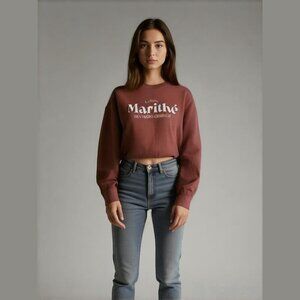 Marithé François Girbaud Women's Burgundy Cropped Crewneck Sweater